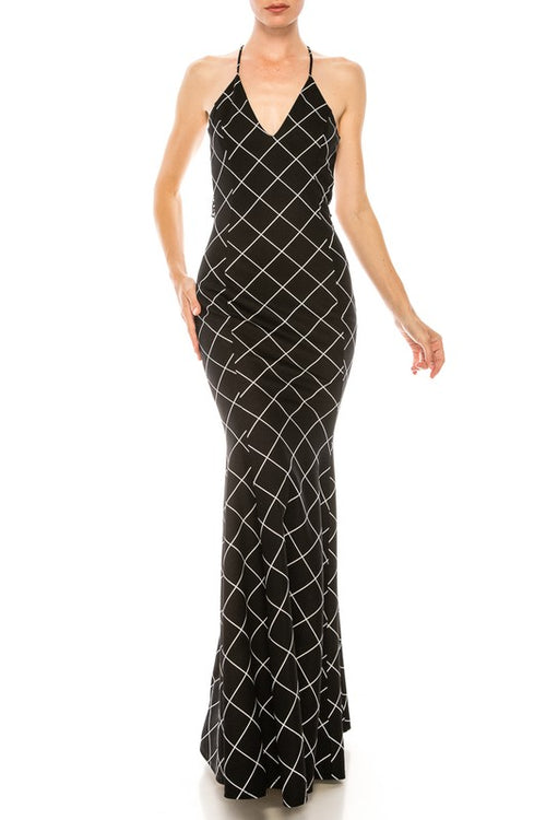 Spaghetti Plaid Lace Back V Neck Long Maxi Dress - black