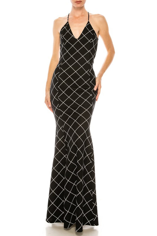 Spaghetti Plaid Lace Back V Neck Long Maxi Dress - black
