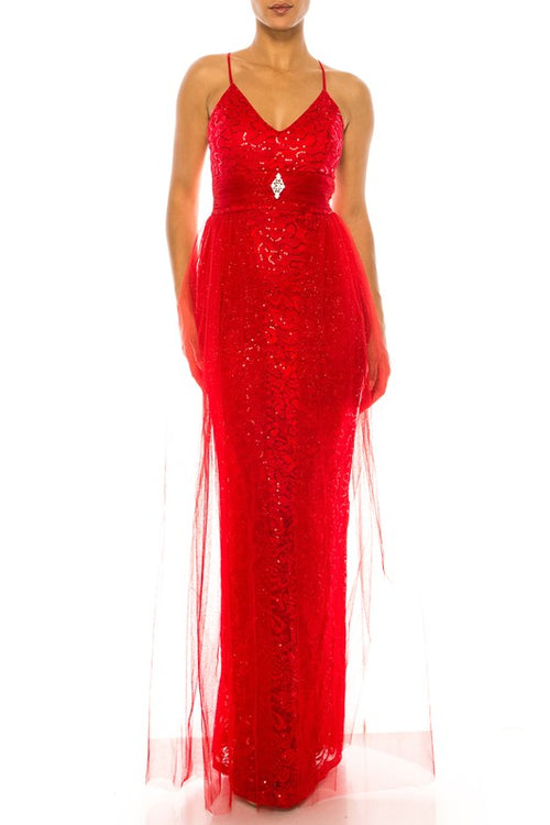 Sleeveless Sequin Lace Glitter Mesh Overlay Dress - Red