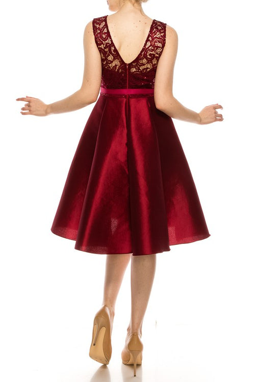 Sleeveless Sequin Lace Fit and Flare Party Dress - Burgundy