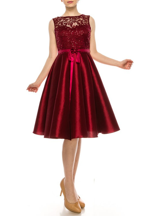 Sleeveless Sequin Lace Fit and Flare Party Dress - Burgundy