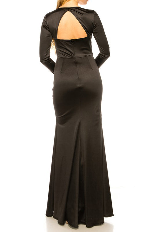 Long Sleeve Shiny Satin Open Back Maxi Dress - black