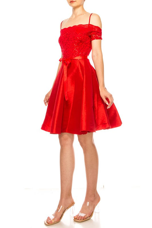 Off Shoulder Sequin Lace Party Flare Dress - Red