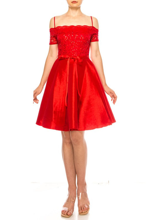 Off Shoulder Sequin Lace Party Flare Dress - Red